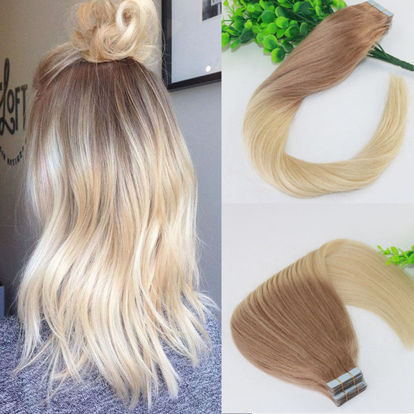 Two Tone Tape in Human Hair Extensions #18#613 Ombre Blonde Seamless Brazilian Virgin Human Hair Skin Weft Slik Straight100g 40pcs