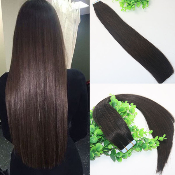 Tape In Human Hair Extensions Brown #2 Glueless 40pcs 100gram Brazilian Virgin Hair Skin Weft Thick End