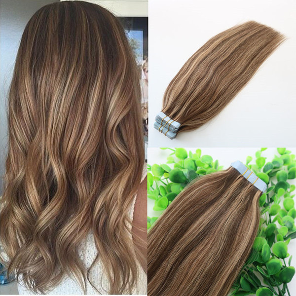 #4 #27Seamless Tape In Human Hair Extensions Ombre PU Tape Hair 100g 40pcs set 14 to 24 inch Ombre Hair Piano Colored Hairstyle