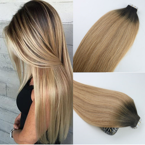 Tape In Human Hair Extensions Ombre Hair Brazilian Virgin Hair Balayage Dark Brown to 27 Blonde Extensions Highlight Skin Weft