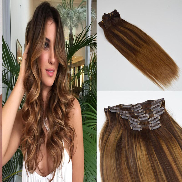 120g full head real remy human hair balayage color #2 fading to color #6 medium brown ombre clip in hair extension