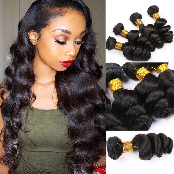 Natural Color 1B Human Hair Weave Bundles Loose Wave Peruvian Hair Extensions 100%Unprocessed Hair Bundles Weft