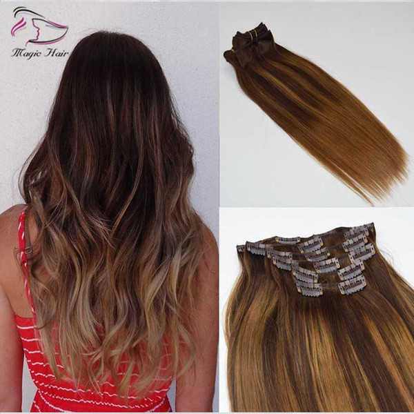 Balayage #2#6 Highlight Color Silk Straight 7Pcs 120g Clips In Hair Extension Brazilian Human Hair extension