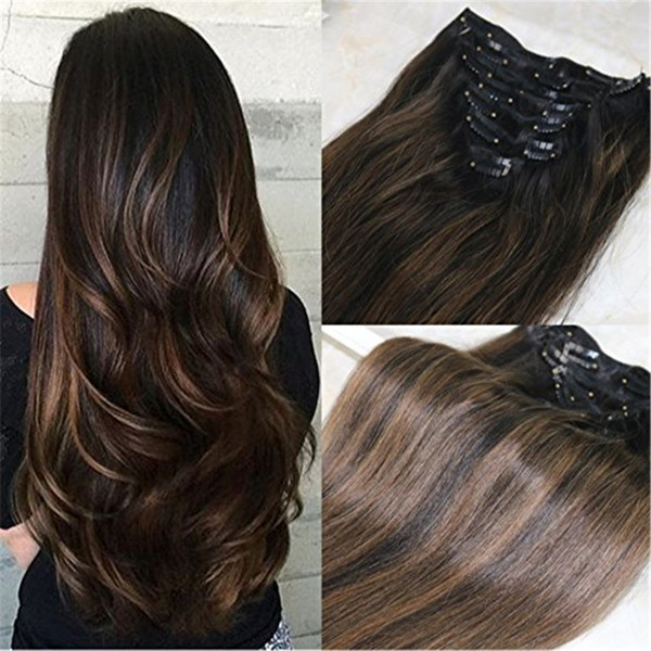 Ombre Color Remy Human Hair Bundles #1b Natural Black to #6 Medium Brown and Natural Black Clip in Human Hair Extensions 7pcs 120g