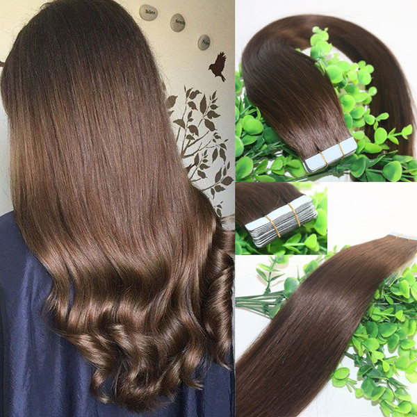 Tape In Human Hair Extensions Medium Brown #4 40pcs 100gram Remy Tape Hair Extensions Skin Weft Thick End