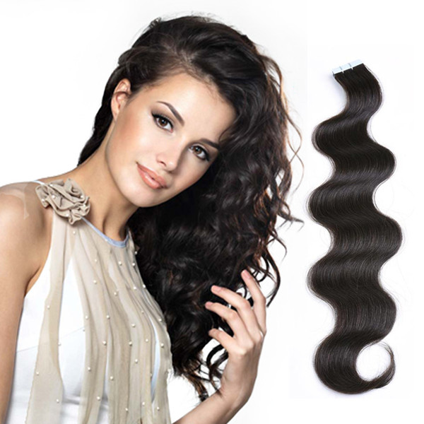 8A Brazilian Tape In None Remy Human Hair Adhesive Extension natural color body wave Invisible Skin Weft PU Tape On Hair Extensions