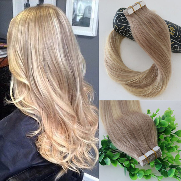 #18 #613 Balayage Ombre Color Ash Blonde Fading to Golden Blonde Brazilian Human Remy Hair Glue Skin Weft 40pcs Tape In Hair Extensions