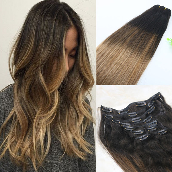 #2/6/18 Clip In Human Hair Extensions Balayage Ombre Medium Brown With Ash Blonde Balayage Highlights 120gram 7Pieces