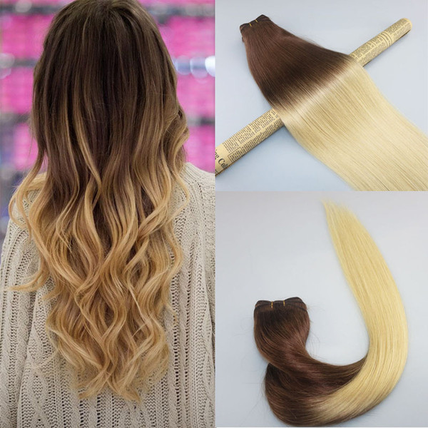 Human Hair Weave Ombre Dye Color Brazilian Virgin Hair Weft Bundle Extensions Two Tone 4#Brown To #613 Bleached Blonde