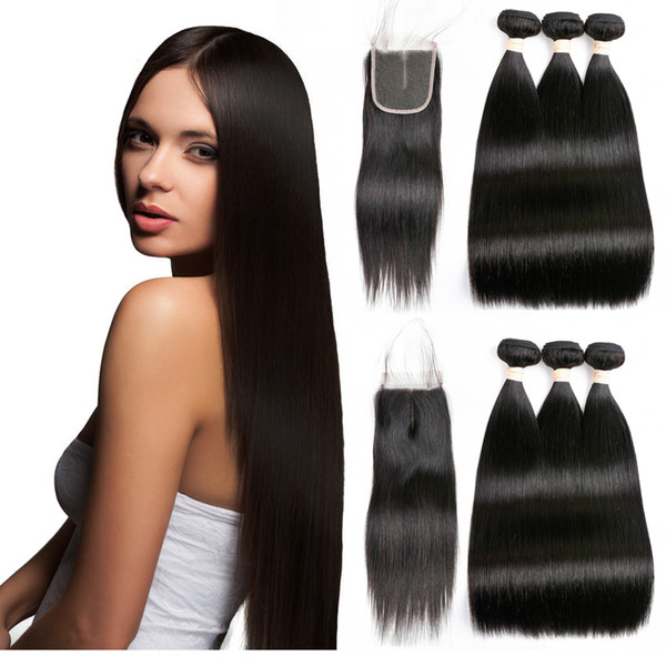 7A Brazilian Raw Indian Straight Human Hair Weaves Extensions 3 Bundles with Closure Double Weft Dyeable Bleachable 100g/pc