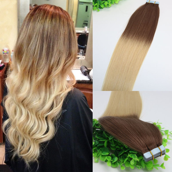 Ombre Hair Dark Brown 4# Shade To Golden Blonde 613#Tape In Human Hair Extensions 40pcs 100gram Brazilian Remy Hair