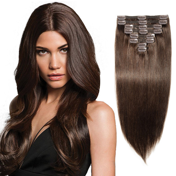Hot Selling 2# Dark Brown Color Straight 7 Pcs Clips In Human Hair Extension Brazilian Human Hair Extension