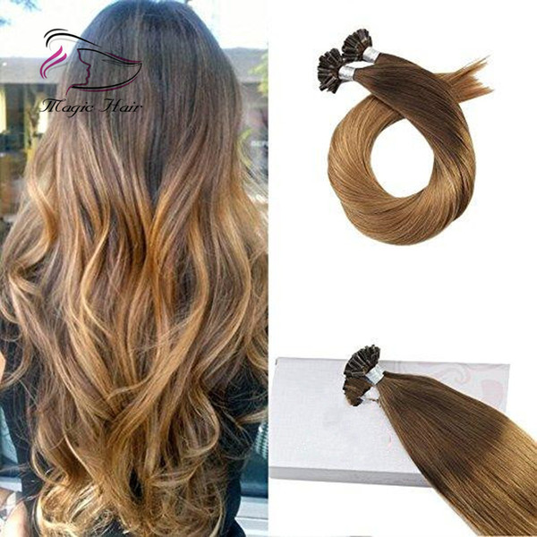 U Tip Keratin Remy Human Hair Extension Chocolate Brown #4 Ombre to Caramel Blonde #27 (#T427)