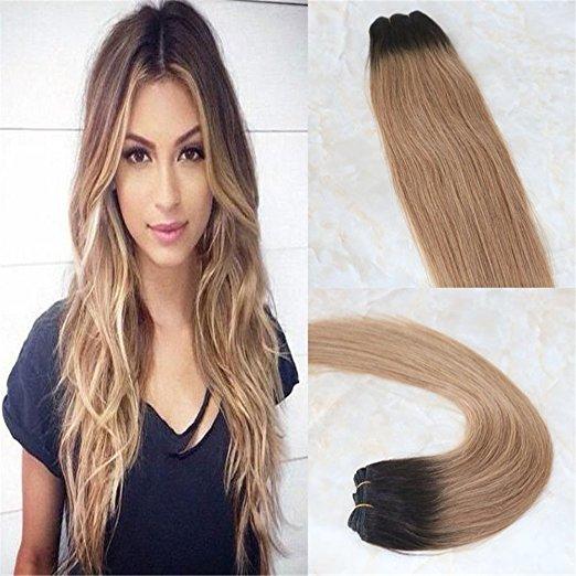 Real Hair Extensions Human Hair Ombre Blonde Balayage Color #2 Dark Brown Fading to #6 and #27 Honey Blonde Remy Hair Extensions