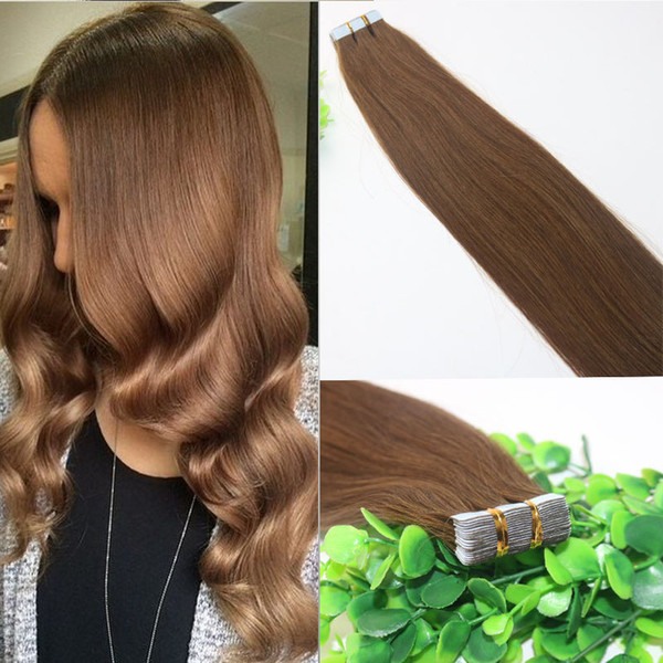 40pcs 100g Tape In Human Hair Extensions Brown #6 Remy Tape Hair Extensions Skin Weft PU 14-24INCH