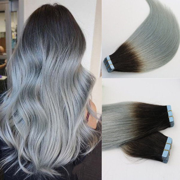 Tape In Human Hair Extensions Ombre Hair Two Tone Colored 1b Grey Silver Gray Glueless 40pcs 100gram Brazilian Virgin Hair Skin Weft