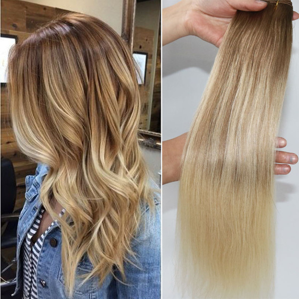 #8 60 Balayage Human Hair Extensions Ombre Medium Brown Ombre Hair #613 #60 Light Blonde With Highlights 100gram