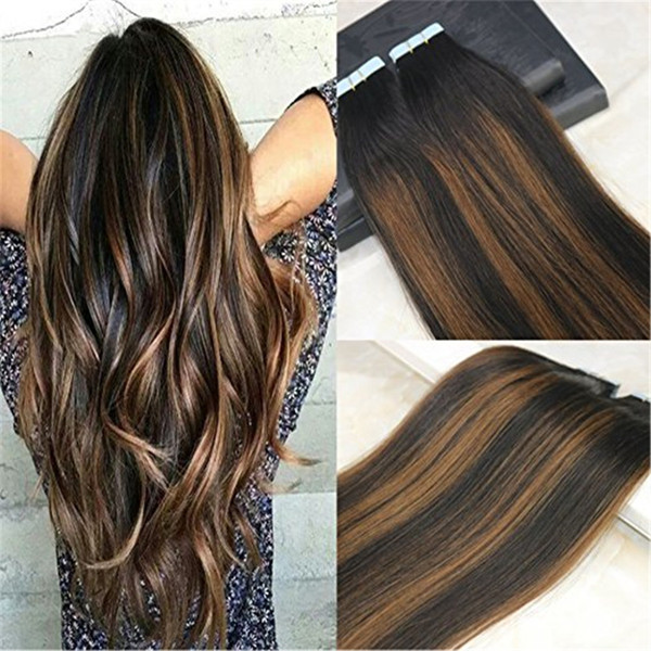 Human Hair Tape in Extensions Ombre Glue in Remy Hair Extensions Balayage Color #1B Dark Roots Fading to #4 Chocolates Brown 40pcs 100g