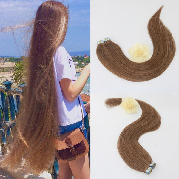 Skin Weft Tape in Straight Human Hair Extensions Double Sided Tape Remy Hair 20pcs 50g/pack #8 Chestnut Brown