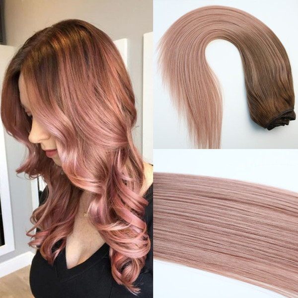 120g Full Head Clip In Human Hair Extensions 7pcs Ombre Pink Brown Tips #3 Rose Gold Balayage Hair Extensions Highlights