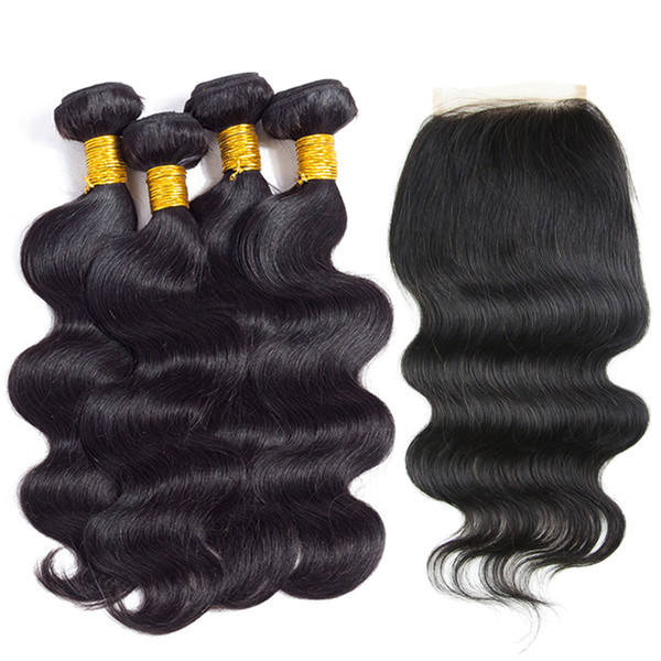 Brazilian Hair Weaves Body Wave With Lace Closure 4 Bundles With Lace Closure 8A Brazilian Body Wave Human Hair Wefts Natural Color Dyeable