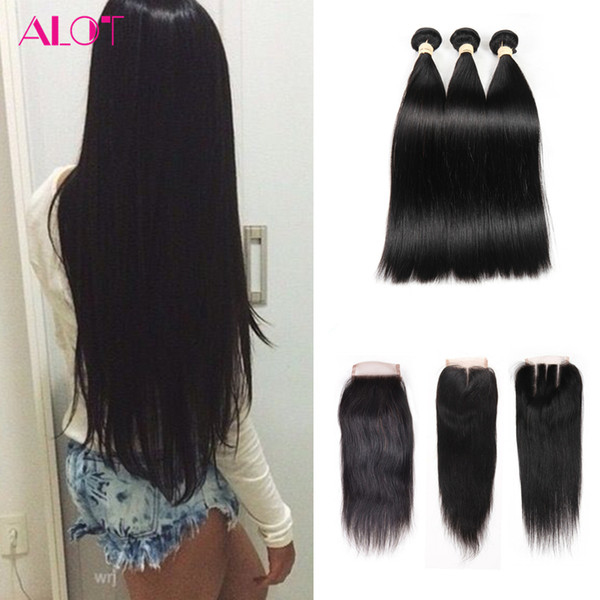 ALOT Hair Straight Hair Brazilian Indian Peruvian Malaysian Human Hair 3 Bundles With 4x4 Lace Closure Free Middle 3 Part