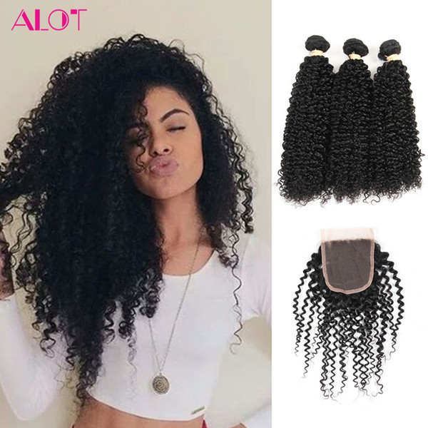 Kinky Curly Hair Closure with Bundles Brazilian Indian Peruvian Malaysian Human Hair Extensions 3 Bundles With 4x4 Lace Closure Free Part