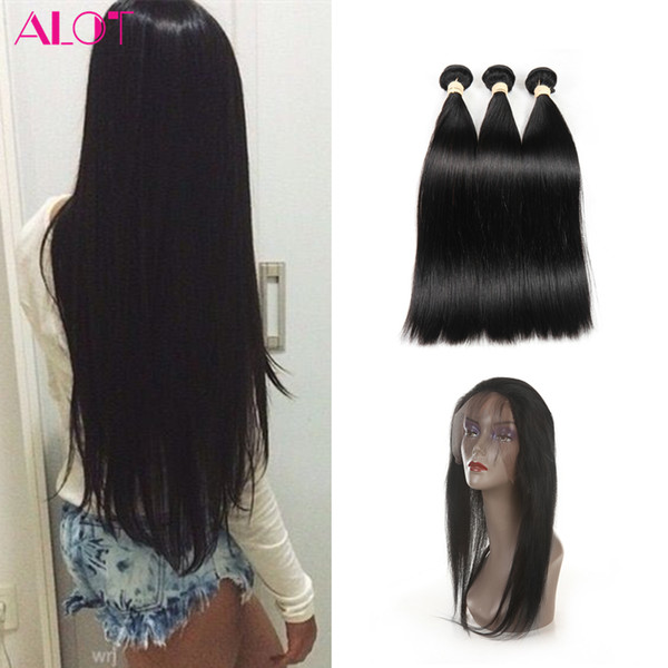 ALOT Hair 3 Bundles with 360 Lace Frontal Human Straight Hair Brazilian Virgin Hair Free Part 360 Lace Frontal With Bundles