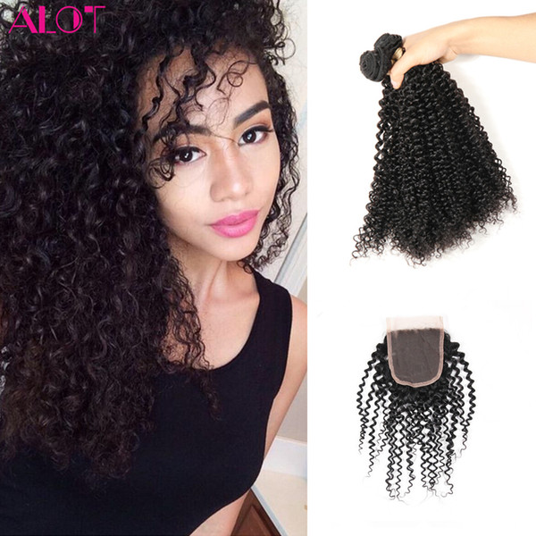 ALOT Indian Hair 3 Bundles with Closure Kinky Curly Human Hair 3 Bundles With 4x4 Lace Closure