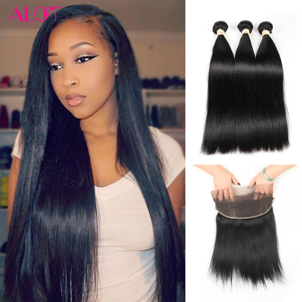 Brazilian Human Hair Bundles with 360 Lace Frontal Human Straight Hair Weaves Brazilian Virgin Hair 3 Bundles with 360 Lace Frontal Closure