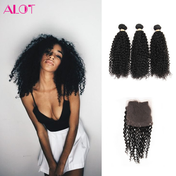 ALOT Brazilian Hair Kinky Curly Closure with Bundles Virgin Human Hair 3 Bundles With 4x4 Lace Closure Free Part
