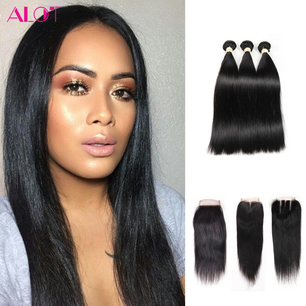 ALOT Brazilian Hair Bundles with Closure Straight Hair 100% Human Hair 3 Bundles With 4x4 Lace Closure Free Middle 3 Part