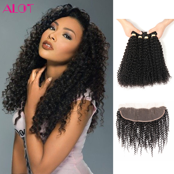 ALOT Brazilian Hair Bundles with Frontal Kinky Curly 100% Virgin Human Hair 4 Bundles With 13x4 Lace Frontal