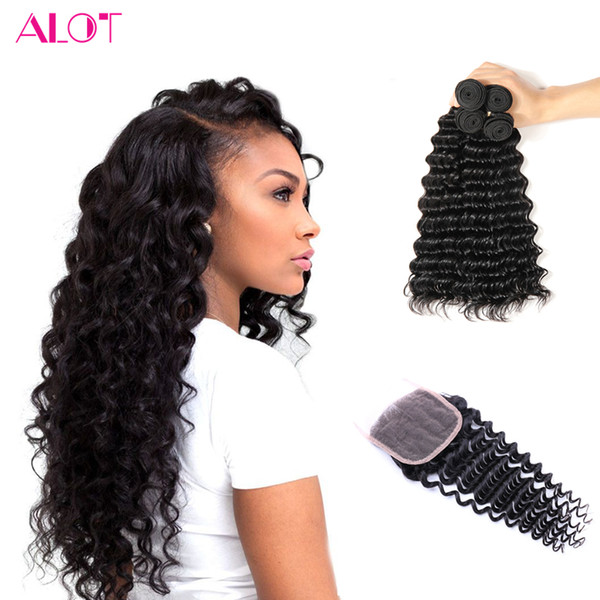 ALOT Brazilian Hair Bundles with closure Deep Wave 100% Virgin Human Hair 4 Bundles Hair With 4x4 Lace Closure