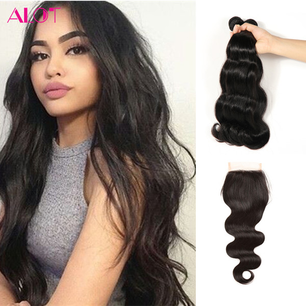 ALOT Brazilian Hair Bundles with Closure Body Wave 100% Human Hair Natural Color 3 Bundles With 4x4 Lace Closure Free Middle 3 Part