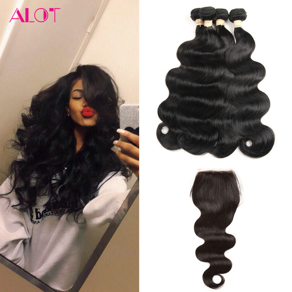 Brazilian Virgin Hair 4 Bundles with Weaves Closure Body Wave Natural Color Human Hair Bundles 100% Unprocessed with Closure