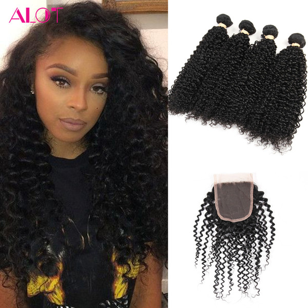 Grade 8A Brazilian Virgin Hair Bundles with Weaves Closure 100% Unprocessed Kinky Curly Hair 4 Bundles with Closure Natural Black