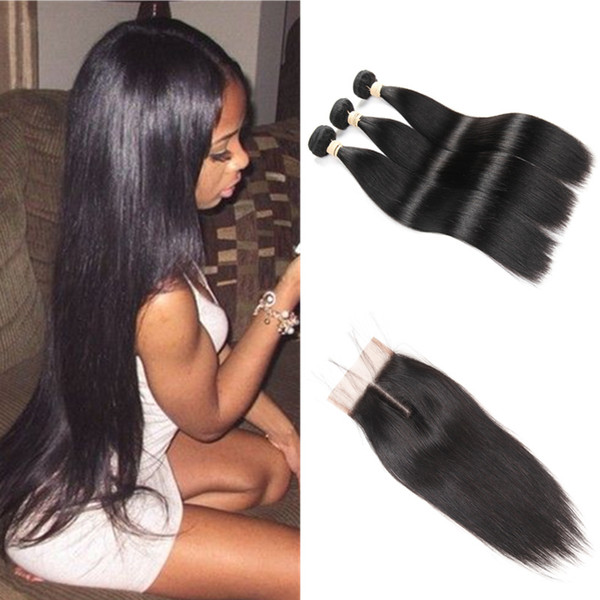 brazilian hair with closure human hair 3 bundles straight brazilian virgin hair bundles with closures lace closure Free Part 100 gram/Bundle