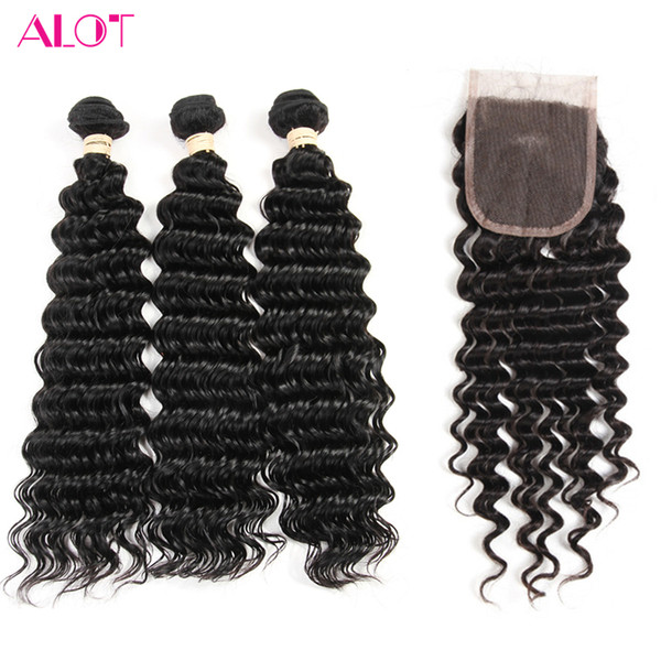Brazilian Virgin Hair Deep Wave 3 Bundles With 4*4 Lace Closure Unprocessed Brazilian Human Hiar Extensions Natural Color Free Part