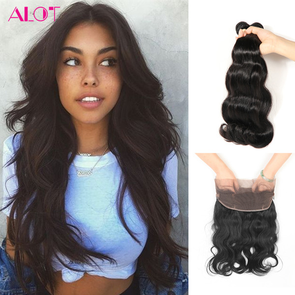 ALOT Brazilian Hair Body Wave 3 Bundles With 360 Lace Frontal Human Hair Weave Natural Color 3 Bundles with 360 Lace Frontal