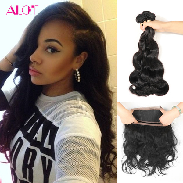 ALOT Brazilian Hair Body Wave 3 Bundles With 360 Lace Frontal Human Hair Weave Natural Black 3 Bundles with 360 Lace Frontal