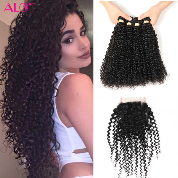 Brazilian Virgin Human Hair Bundles with Closure Unprocessed Brazillian Peruvian Indian Malaysian Kinky Curly Hair 4 Bundles with Closure