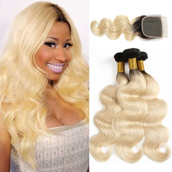 Unprocessed Brazilian Virgin Hair 1B 613 Blonde Body Wave Human Hair 3 Bundles with Closure Brazilian Body Wave Human Hair Weaves Extensions