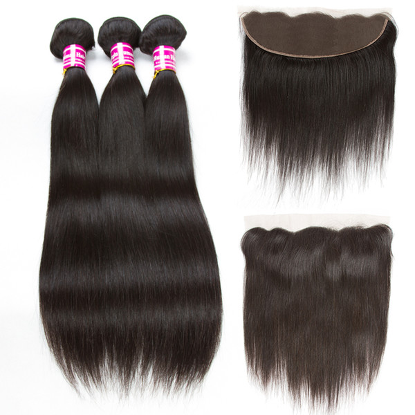 Brazilian Virgin Straight Human Hair Bundles With Frontal Unprocessed Peruvian Remy Hair Extensions 3 Bundles With Lace Frontal