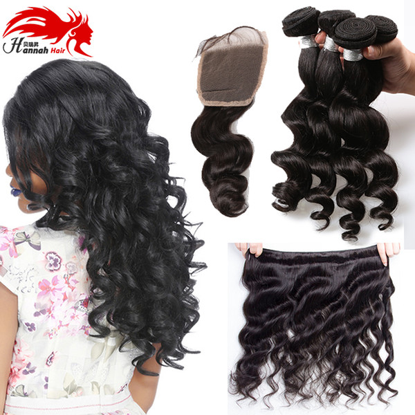 Brazilian Virgin Hair Loose Wave With Closure Cheap Human Hair 3/4Bundles With Lace Closure Brazilian Loose Wave With closure