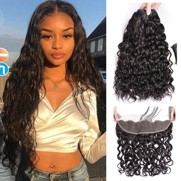 Brazilian Virgin Water Wave Human Hair Bundles With Lace Frontal Peruvian Water Wet and Wavy Wave Human Hair Extensions