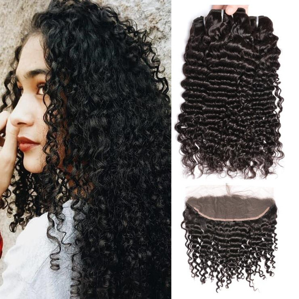 Brazilian Peruvian Virgin Curly Wave Human Hair Bundles With Lace Frontal Deep Indian Mongolian Curly Wave Human Hair Weaves