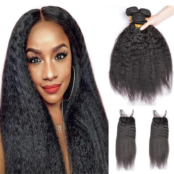 Hot Sale Yaki Straight Unprocessed Raw Human Hair 3 Bundles Kinky Straight Wave with Lace Closure 