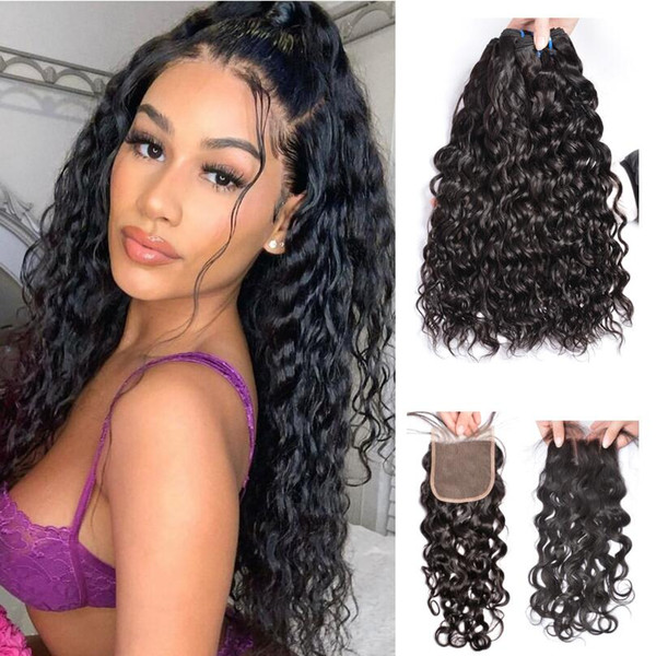 Brazilian Virgin Hair Water Wave Wet and Wavy Unprocessed Raw Water Wave Human Hair 3 Bundles with Lace Closure