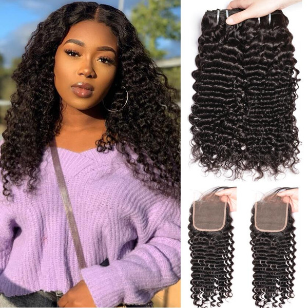 Brazilian Virgin Hair Curly Wave with Lace Closure Unprocessed Raw Deep Wave Human Hair 3 Bundles with Closure